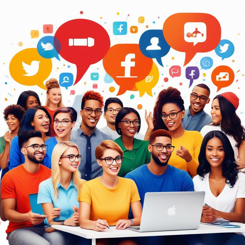 A vibrant and inviting illustration showcasing a diverse group of people engaged in a lively online discussion, surrounded by symbols of social media, speech bubbles, and lifestyle icons. The setting should convey a sense of community and interaction, with a visually appealing digital environment. Bright colors and dynamic composition to emphasize enthusiasm and engagement. modern vector art. vibrant colors. white background.