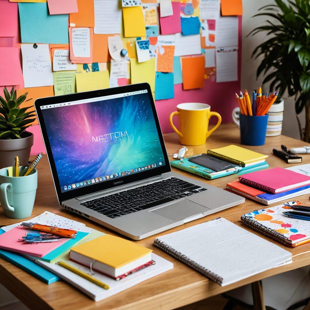A dynamic workspace featuring a laptop with an open blog page, surrounded by vibrant stationery, inspirational quotes on sticky notes, and a cup of coffee. Add creative elements like paint splatters, digital devices, and colorful books to signify diverse media. The scene should be bright and inviting, inspiring creativity and innovation. super-realistic. vibrant colors. cozy atmosphere.