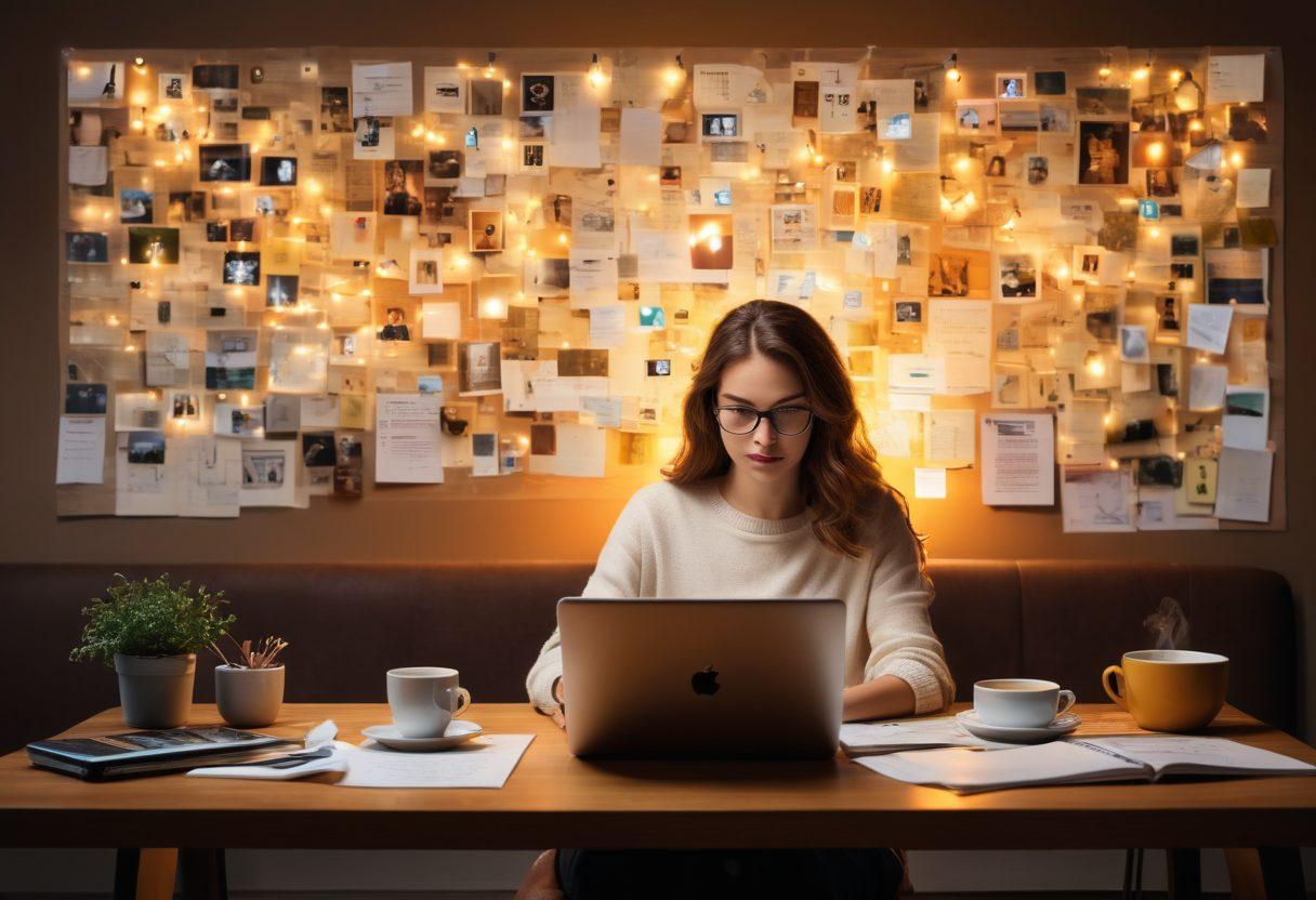 A dynamic collage showcasing technology trends like AI, blockchain, and social media icons converging into an editorial workspace filled with a laptop, notes, and coffee. The background should blend digital elements with a cozy, personal touch, representing the fusion of tech and personal insights. Illustrate a writer deep in thought as they type, surrounded by vibrant flashes of innovation. super-realistic. vibrant colors. cozy atmosphere.